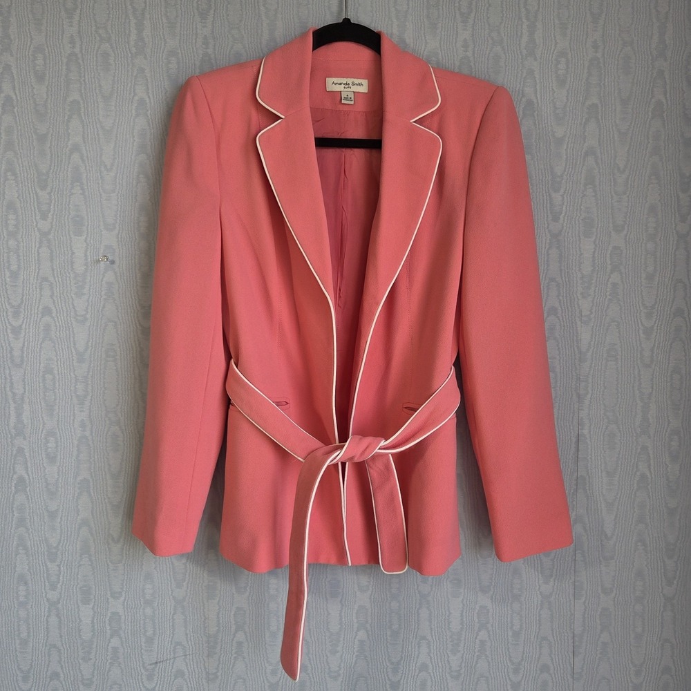 Amanda Smith Coral Pink Piped Belted Blazer Jacket